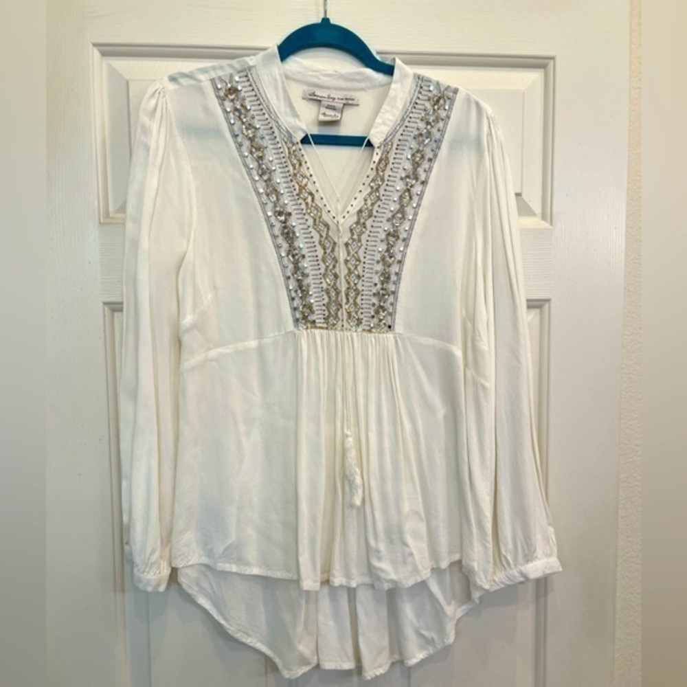 Gorgeous Boho Moroccan White American Rag Embellished Top Tassel Tunic Shirred